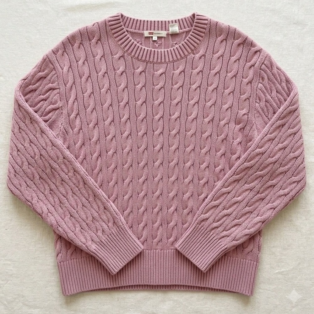Levi's Cable Knit Sweater Womens Large Pink Cotton Crew Neck Pullover Coastal